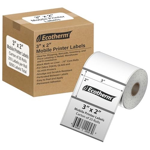 Ecotherm 3" x 2" Mobile Printer Labels | 25 Rolls | 5250 Labels | fits Zebra ZQ630, QL420, QL320 and QLn420 Printers | Black Mark On Liner | .75" Core Rolls | by Ecotherm - Image 1