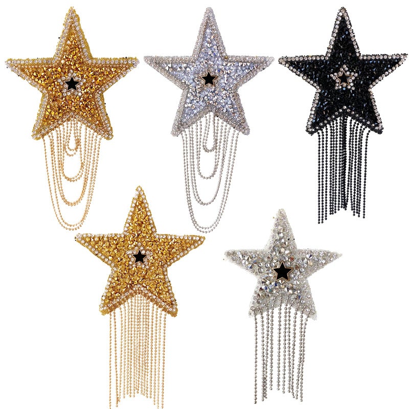 5Pcs Rhinestone Star Tassel Repair Patches Shiny FivePointed Star Pattern Iron on Patches for Hats Jeans Bag Dress Pants DIY Accessories