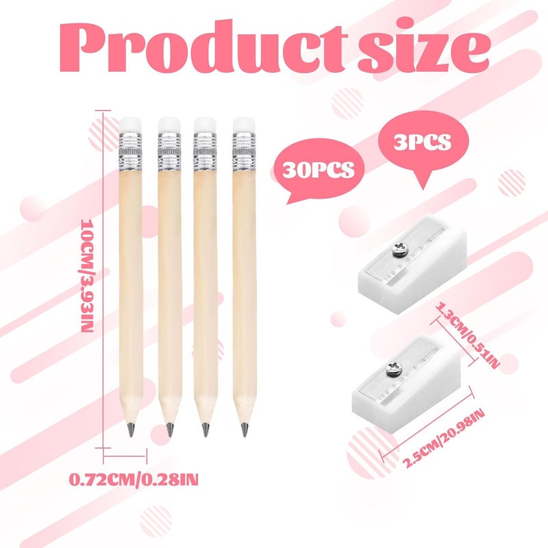 Qianeffort Mini Pencils,30PCS Small Pencils,Golf Pencils with Rubbers,Chunky Pencils for Toddler,HB Small Pencil with 3 Pencil Sharpeners,Small Golf Pencils for Kid School Office Classroom Bridal Wedding(Wooden) - Image 2