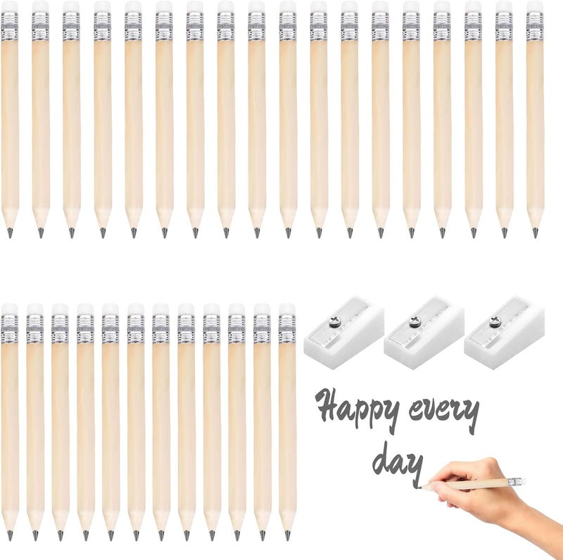 Qianeffort Mini Pencils,30PCS Small Pencils,Golf Pencils with Rubbers,Chunky Pencils for Toddler,HB Small Pencil with 3 Pencil Sharpeners,Small Golf Pencils for Kid School Office Classroom Bridal Wedding(Wooden) - Image 1