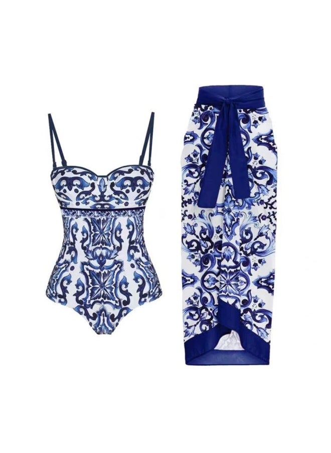 Generic - 2024 European And American One-piece Bikini Two-piece Blue And White Porcelain Printed Retro Beach Resort Hot Spring Swimsuit-Color:Two-Piece Set- - Image 1