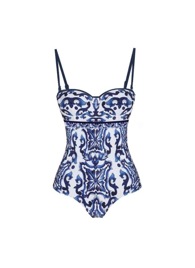 Generic - 2024 European And American One-piece Bikini Two-piece Blue And White Porcelain Printed Retro Beach Resort Hot Spring Swimsuit-Color:Two-Piece Set- - Image 1