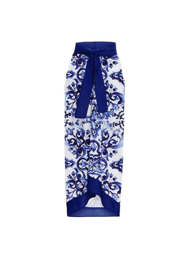Generic - 2024 European And American One-piece Bikini Two-piece Blue And White Porcelain Printed Retro Beach Resort Hot Spring Swimsuit-Color:Two-Piece Set- - Image 1