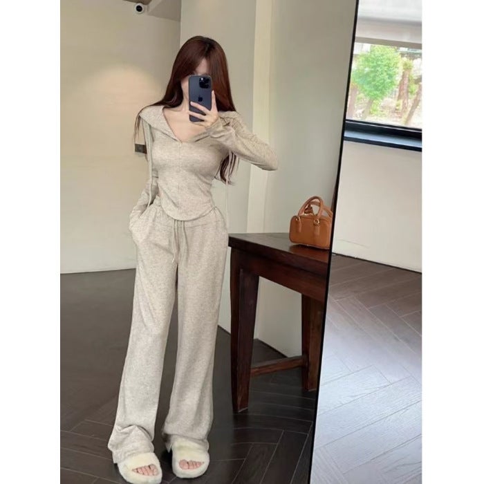 Casual Popular Casual suit Autumn and Winter New Solid Color Zipper Short Hooded Cardigan Sweater Two-Piece Womens Clothing Oatmeal - Image 1