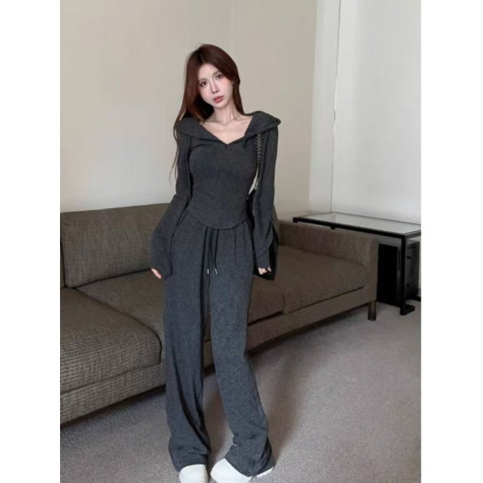 Casual Popular Casual suit Autumn and Winter New Solid Color Zipper Short Hooded Cardigan Sweater Two-Piece Womens Clothing Oatmeal - Image 2