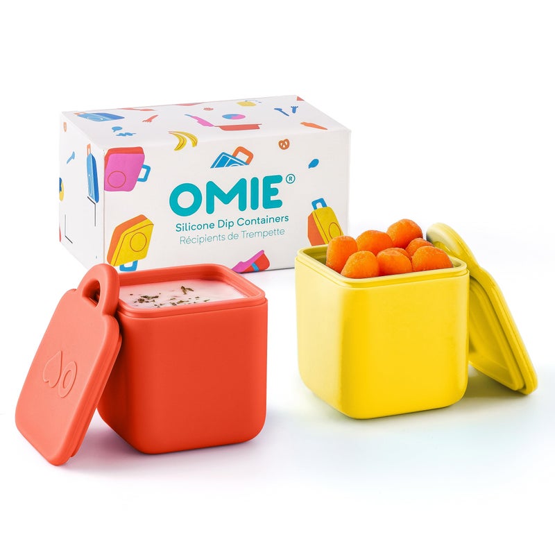 OmieBox 2 Pack Leakproof Dips Containers to Go Salad Dressing Container Condiment Container with Lids Food Safe Silicone 4 Ounces YellowRed