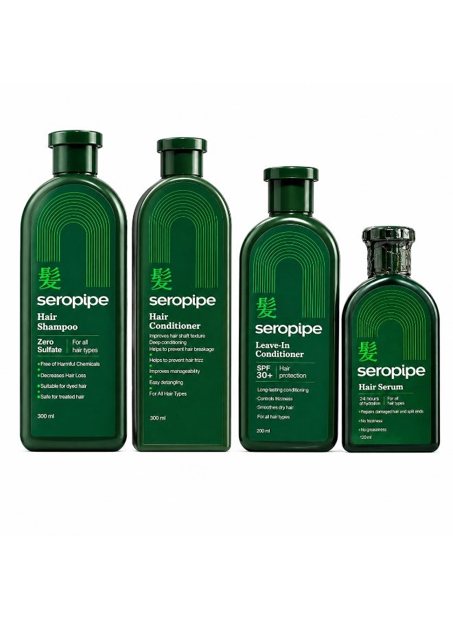 سيروبايب مجموعة سيروبايب الكاملة للعناية بالشعر 4×1 – شامبو + بلسم + ليف إن + سيرم  Seropipe Hair Care Set  ترطيب وتغذية وإصلاح الشعر التالف  حماية من الحرارة والشمس  لجميع أنواع الشعر - Image 1