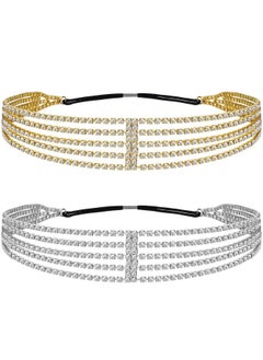 ANCIRS 2 Pack Multi Layered Elastic Headband For Women Adjustable Rhinestone Bridal Headpieces Stretchy Jewelry Hair Bands Accessories For Girls Gold & Silver  - Image 1