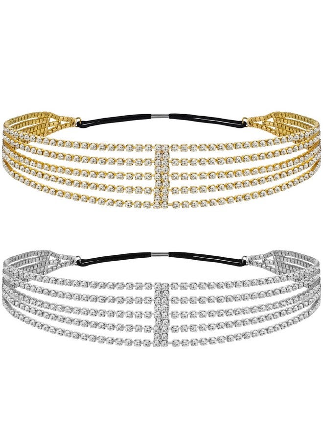 ANCIRS 2 Pack Multi Layered Elastic Headband For Women Adjustable Rhinestone Bridal Headpieces Stretchy Jewelry Hair Bands Accessories For Girls Gold & Silver - Image 1