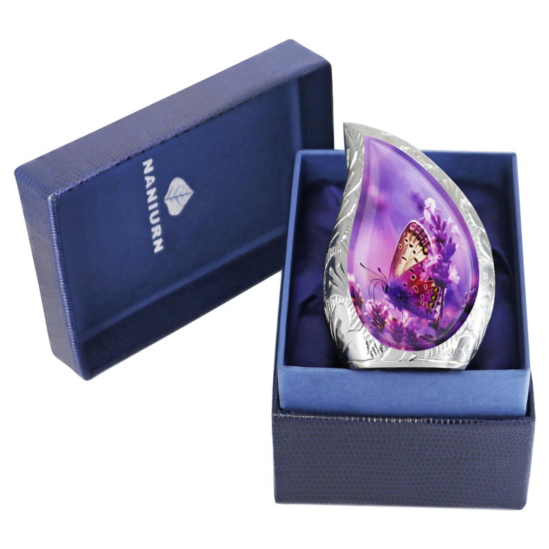 NANIURN Small Urns for Human Ashes Keepsake, Cremation Urn for Ashes for Women & Men, Purple Butterfly and Lavender, Mini Teardrop Decorative, Human Urns for Female - Brass Miniature Tear Drop Urn - Image 1