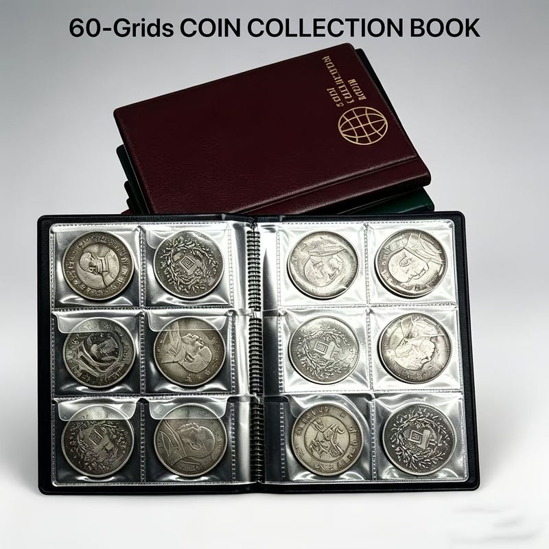 60 Pocket Coin Collection Book With 10 PVC Pages Dustproof And Anti Oxidation Coin Holder Album Wine Red 60 Compartment Storage - Image 1