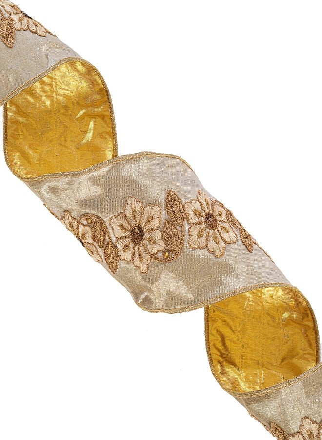 Vickerman 4" x 5 Yards Champagne and Gold Floral Wired Edge Christmas Ribbon. - Image 2