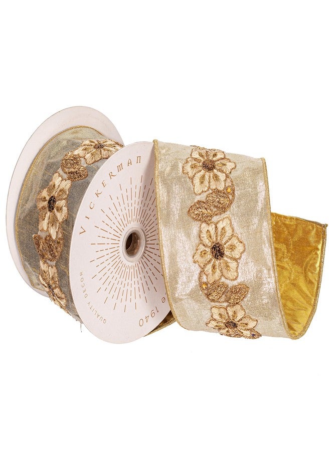 Vickerman 4" x 5 Yards Champagne and Gold Floral Wired Edge Christmas Ribbon. - Image 1