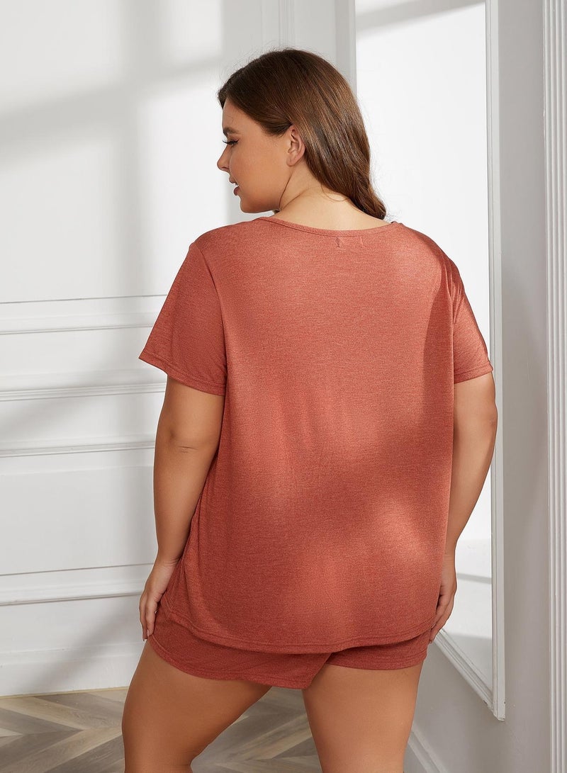 إسكدنيا Women's Casual Big Size 2-Piece Set Nightgown Solid Color Short Sleeve Top And Shorts Soft Loungewear Pajamas Suit Reddish Brown  - Image 3