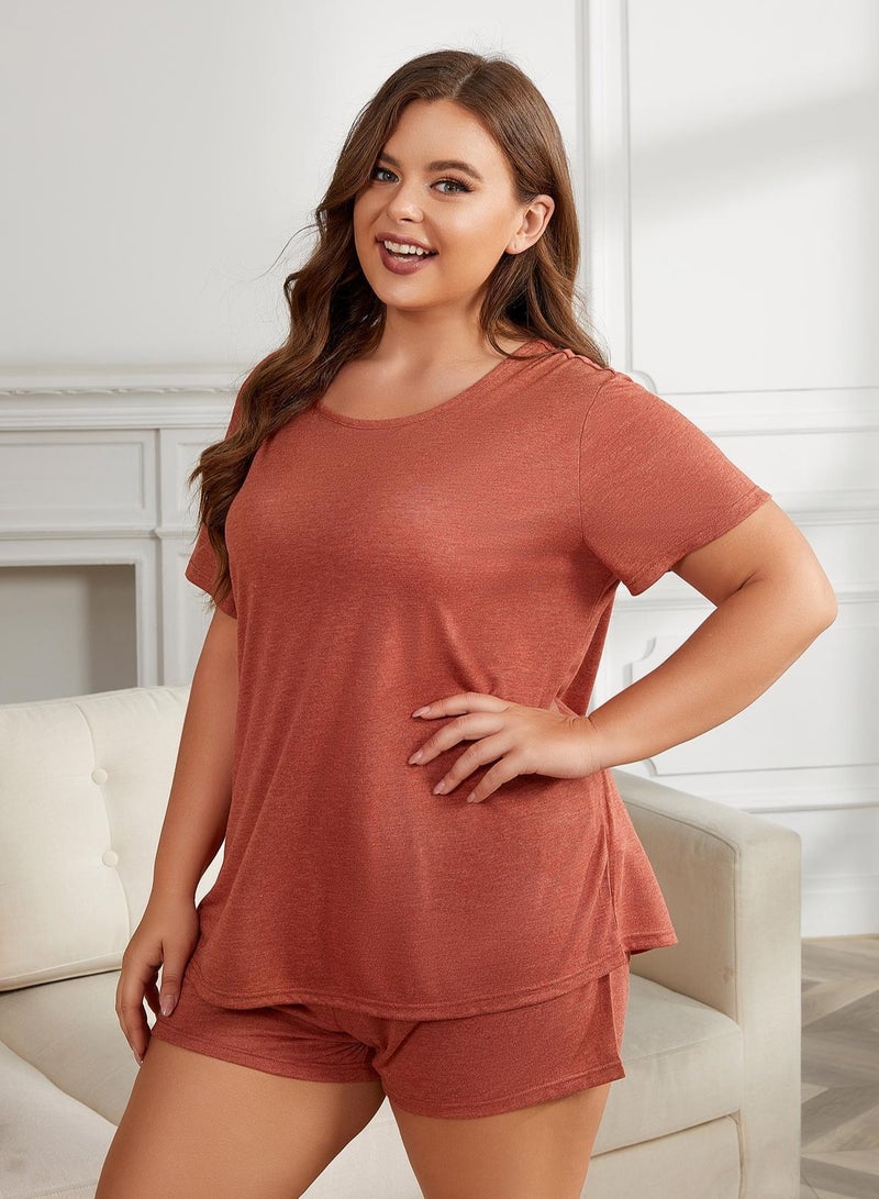 إسكدنيا Women's Casual Big Size 2-Piece Set Nightgown Solid Color Short Sleeve Top And Shorts Soft Loungewear Pajamas Suit Reddish Brown  - Image 2