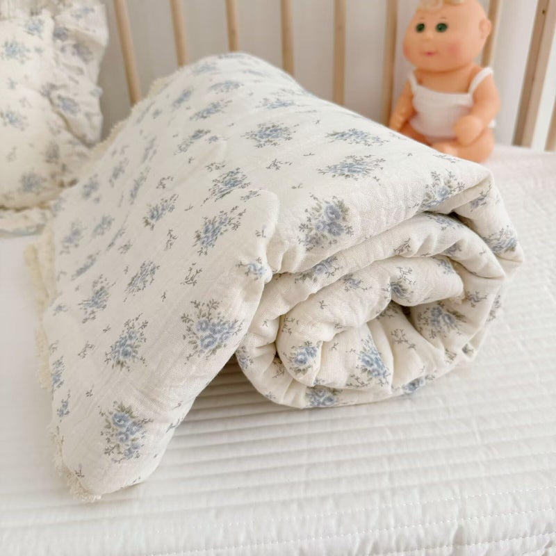 BuLuTu Blue Flower Freesia Toddler Girls Boys Quilts 100% Cotton Muslin Toddler Bed Blankets Soft Lightweight Children Comforter for Standard Crib Cot, 47x59 Inches - Image 1