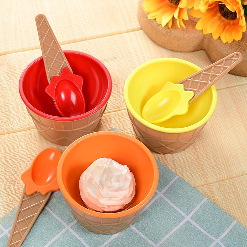 ZUBAT ZUBAT Set of 6 Ice Cream Dessert Bowls and Matching Spoons Plastic Assorted Cute Colours Pink Lilac Blue Orange Yellow Green Wafer Design Ice Cream Cone Bowl  - Image 2