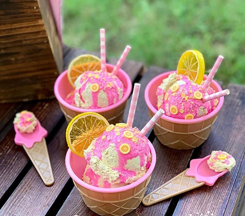 ZUBAT ZUBAT Set of 6 Ice Cream Dessert Bowls and Matching Spoons Plastic Assorted Cute Colours Pink Lilac Blue Orange Yellow Green Wafer Design Ice Cream Cone Bowl  - Image 5