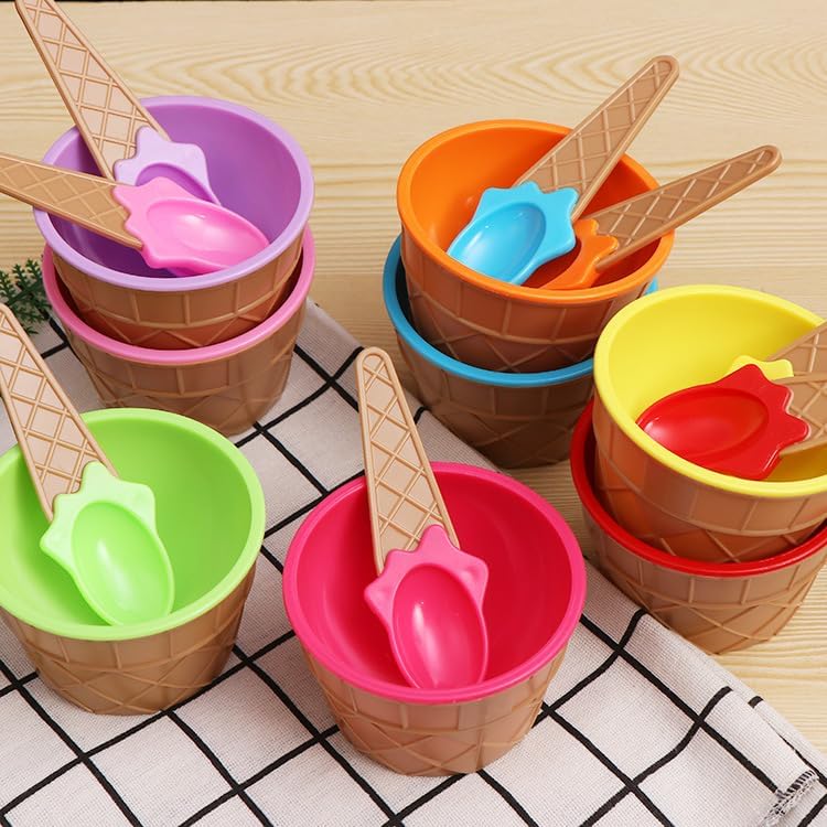 ZUBAT ZUBAT Set of 6 Ice Cream Dessert Bowls and Matching Spoons Plastic Assorted Cute Colours Pink Lilac Blue Orange Yellow Green Wafer Design Ice Cream Cone Bowl  - Image 4