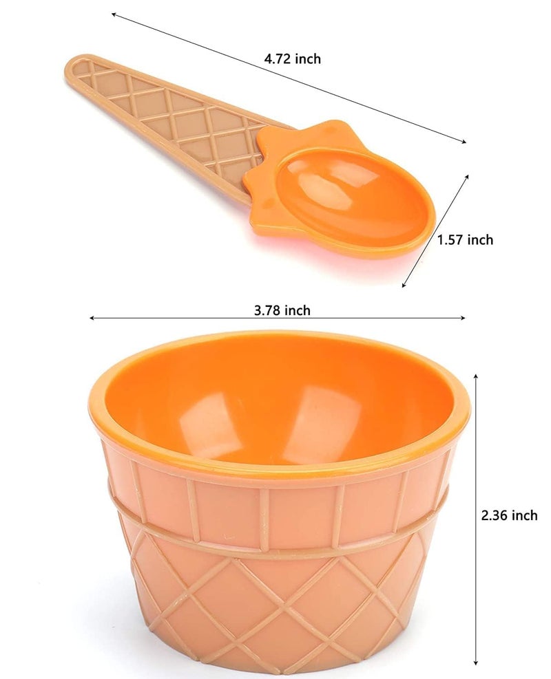 ZUBAT ZUBAT Set of 6 Ice Cream Dessert Bowls and Matching Spoons Plastic Assorted Cute Colours Pink Lilac Blue Orange Yellow Green Wafer Design Ice Cream Cone Bowl  - Image 3