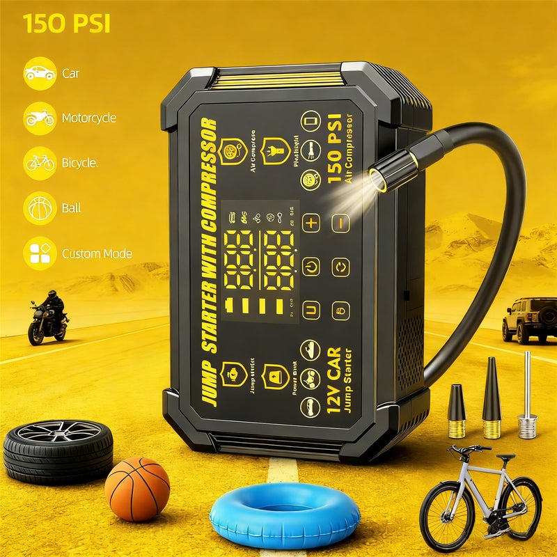 مُبدأ إقلاع قمم ذي توصيل 3000 أمبير مع ضاغط هواء، مدف inflater إطارات ذات إيقاف تلقائي عند 150 باوند / بوصة مربعة، صندوق داعم بطارية سيارة محمول 12 فولت مع ضوء LED وشاشة عرض، مناسب لمحركات غازية وديزل تصل إلى سعة 10 لتر، متوافق مع الدراجات النارية - Image 5
