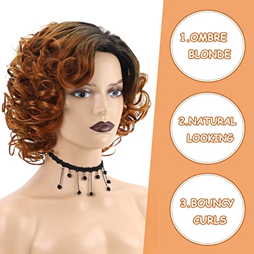 SEVENCOLORS Short Curly Wigs for Black Women Ombre Blonde Curly Bob Wig Natural Looking Synthetic Side Part Medium Length Wigs - Image 5