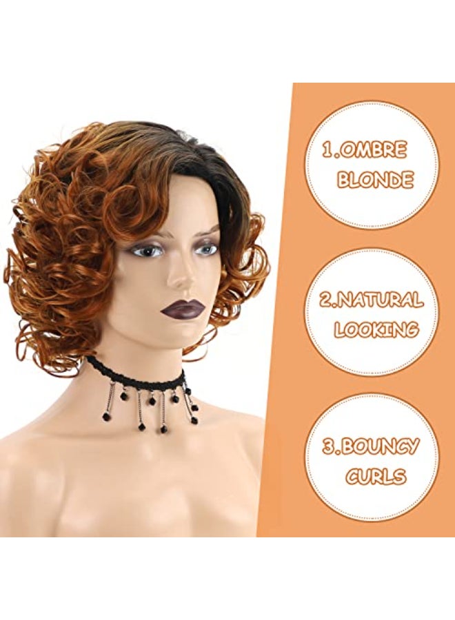 SEVENCOLORS Short Curly Wigs for Black Women Ombre Blonde Curly Bob Wig Natural Looking Synthetic Side Part Medium Length Wigs - Image 4