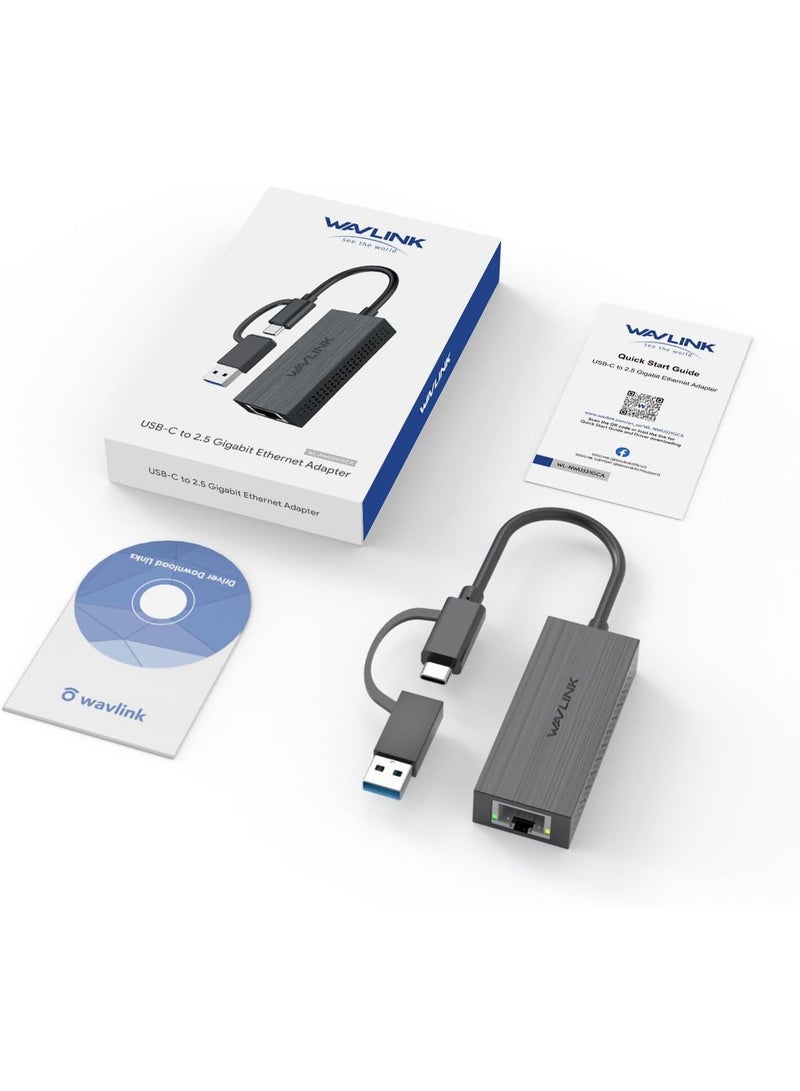 واف لينك محول WAVLINK من USB-C إلى إيثرنت، 2.5 جيجابت، ثنائي في واحد، USB 3.2 من النوع A/النوع C/Thunderbolt 3 إلى كابل شبكة LAN محمول RJ45 بسرعة 2.5 جيجابت، متوافق مع أنظمة التشغيل Microsoft Windows وMac OS وiPadOS وغيرها. - Image 2