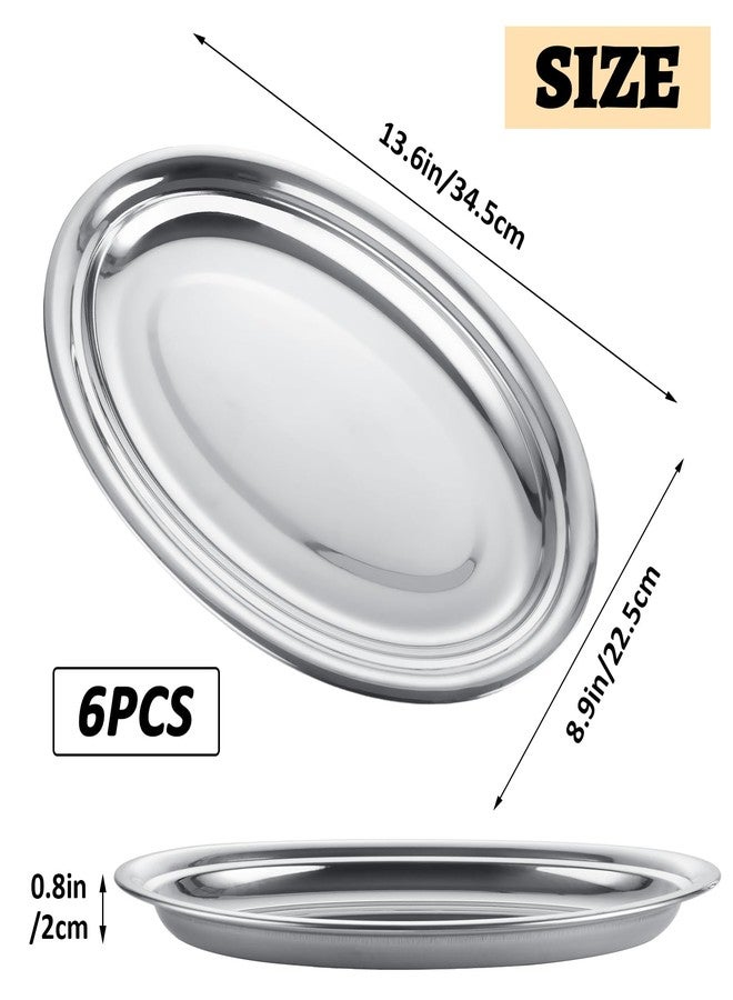 AKOLAFE 6PCS Large Serving Trays for Party Buffet Oval Serving Platter Set Stainless Steel Sizzle Platter Long & Deep Metal Sizzler Plates Decorative Silver Plates for Table Decor Food Sushi Appetizer - Image 3