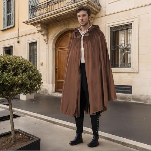 TOONRAIN Men's Adult Medieval Cloak Hoodie Velvet Renaissance Cape Halloween Dress Up (Round Buckle Brown,39.37'') - Image 3