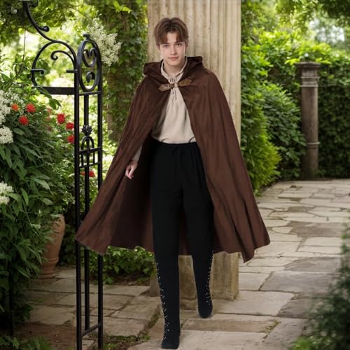 TOONRAIN Men's Adult Medieval Cloak Hoodie Velvet Renaissance Cape Halloween Dress Up (Round Buckle Brown,39.37'') - Image 4