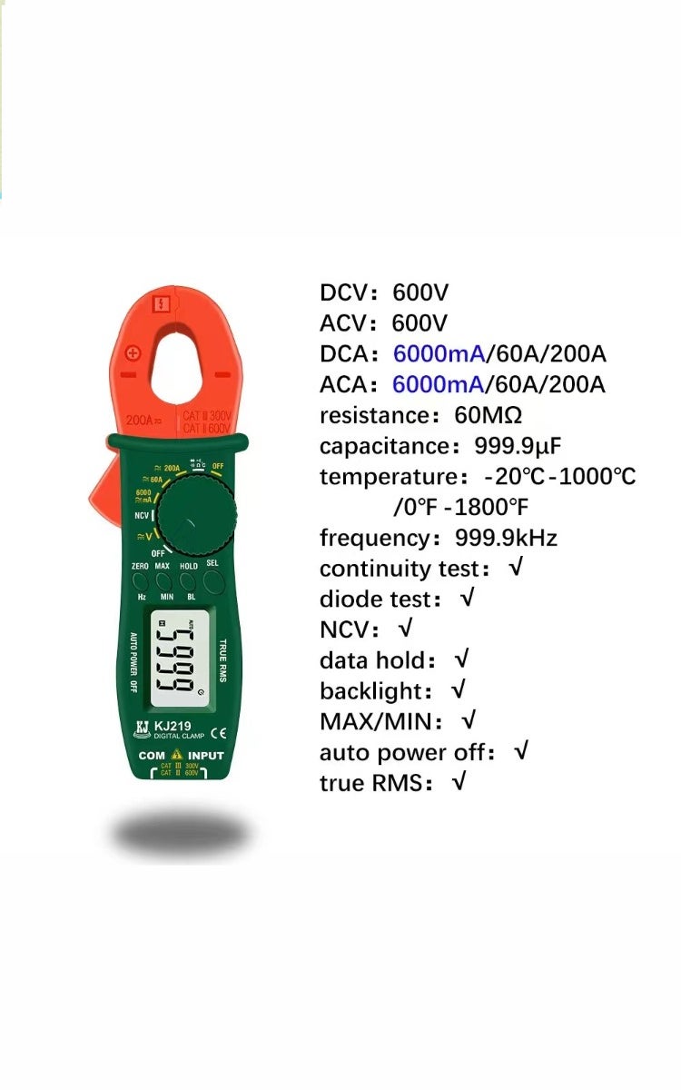 kashemano High Precision AC/DC Digital Clamp Meter, 600V, 200A, LCD, Green,Digital Display 5999 - Image 2