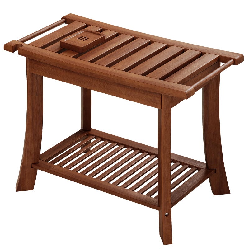 Homman Teak Shower Bench, 23.6 Inch Teak Shower Stool 300lbs Wood Shower Chair Seat with Storage Shelf Towel Rack for Bathroom Indoor and Outdoor Use - Image 1