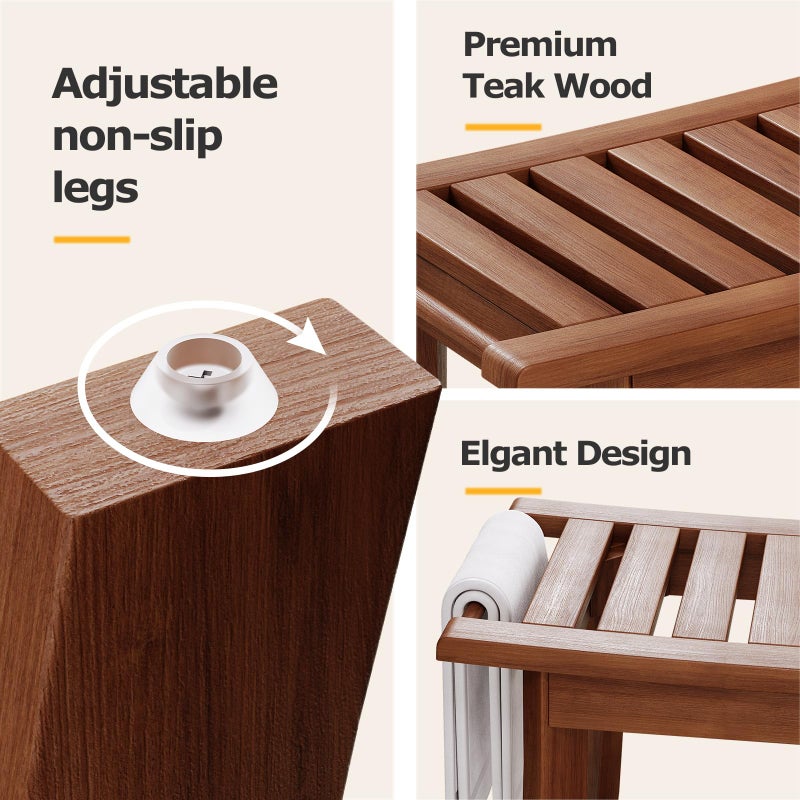 Homman Teak Shower Bench, 23.6 Inch Teak Shower Stool 300lbs Wood Shower Chair Seat with Storage Shelf Towel Rack for Bathroom Indoor and Outdoor Use - Image 3