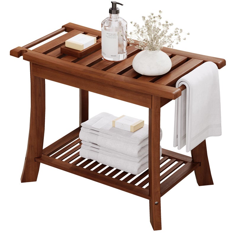 Homman Teak Shower Bench, 23.6 Inch Teak Shower Stool 300lbs Wood Shower Chair Seat with Storage Shelf Towel Rack for Bathroom Indoor and Outdoor Use - Image 4