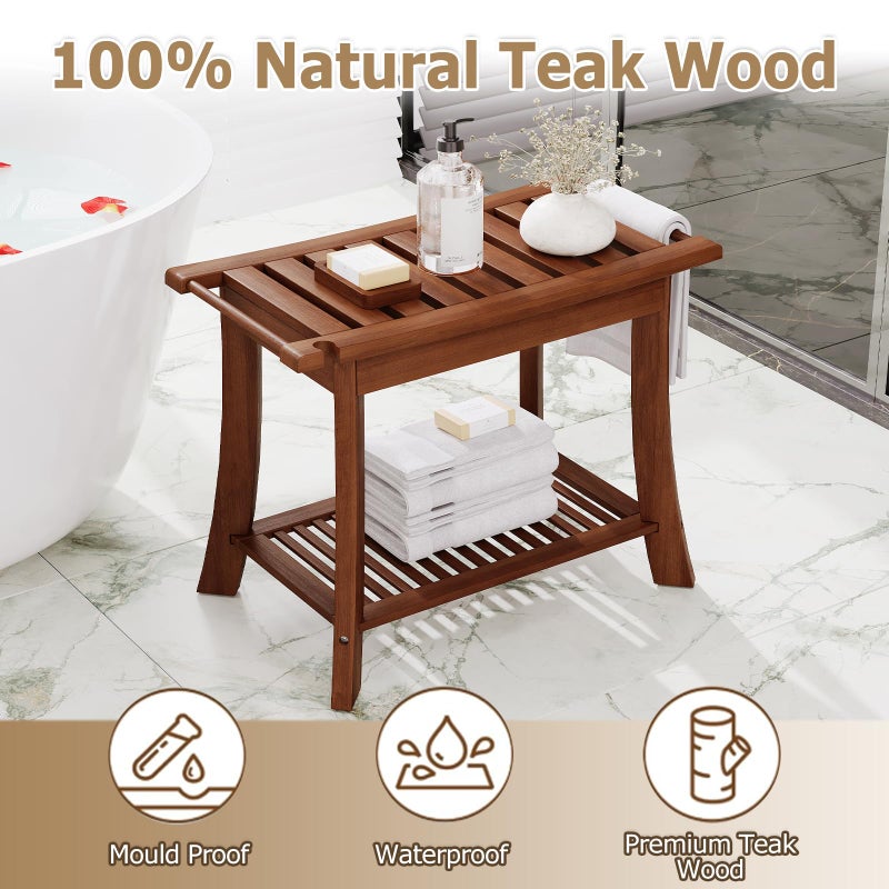 Homman Teak Shower Bench, 23.6 Inch Teak Shower Stool 300lbs Wood Shower Chair Seat with Storage Shelf Towel Rack for Bathroom Indoor and Outdoor Use - Image 5