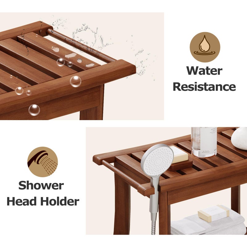 Homman Teak Shower Bench, 23.6 Inch Teak Shower Stool 300lbs Wood Shower Chair Seat with Storage Shelf Towel Rack for Bathroom Indoor and Outdoor Use - Image 2