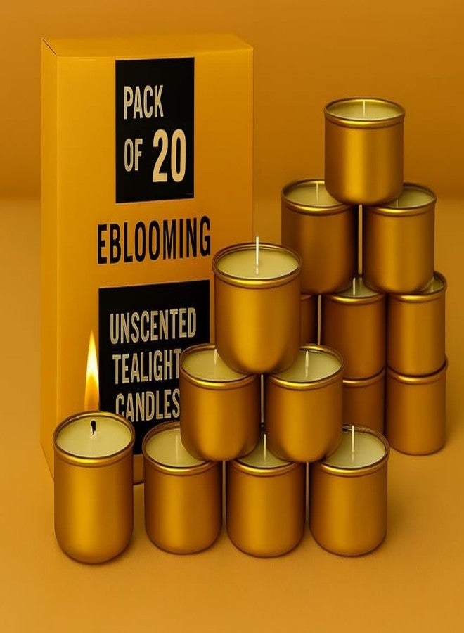 EBLOOMING Golden Jar Tealight Candles | Long Lasting 8-9 Hour Burn | Decorative Wax Candles in Premium Golden Jars | Perfect for Home, Pooja, Wedding & Festive Décor (Pack of 20, White) - Image 1