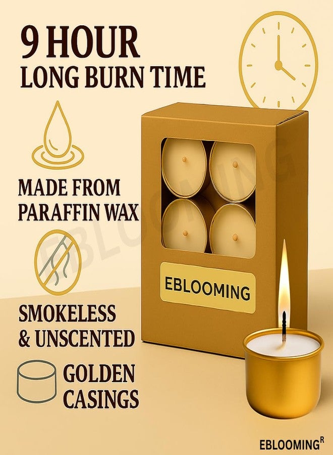 EBLOOMING Golden Jar Tealight Candles | Long Lasting 8-9 Hour Burn | Decorative Wax Candles in Premium Golden Jars | Perfect for Home, Pooja, Wedding & Festive Décor (Pack of 20, White) - Image 2