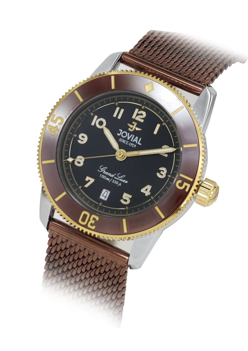 JOVIAL 1535GTMQ03E Men's Stainless Steel Woven Mesh Band Watch, Ceramic Bezel, Black Dial, Sporty Elegant Design, 41MM - Image 2