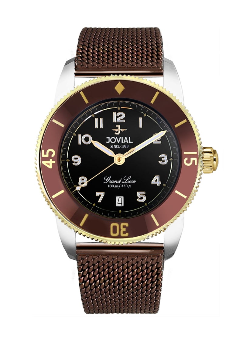 JOVIAL 1535GTMQ03E Men's Stainless Steel Woven Mesh Band Watch, Ceramic Bezel, Black Dial, Sporty Elegant Design, 41MM - Image 1