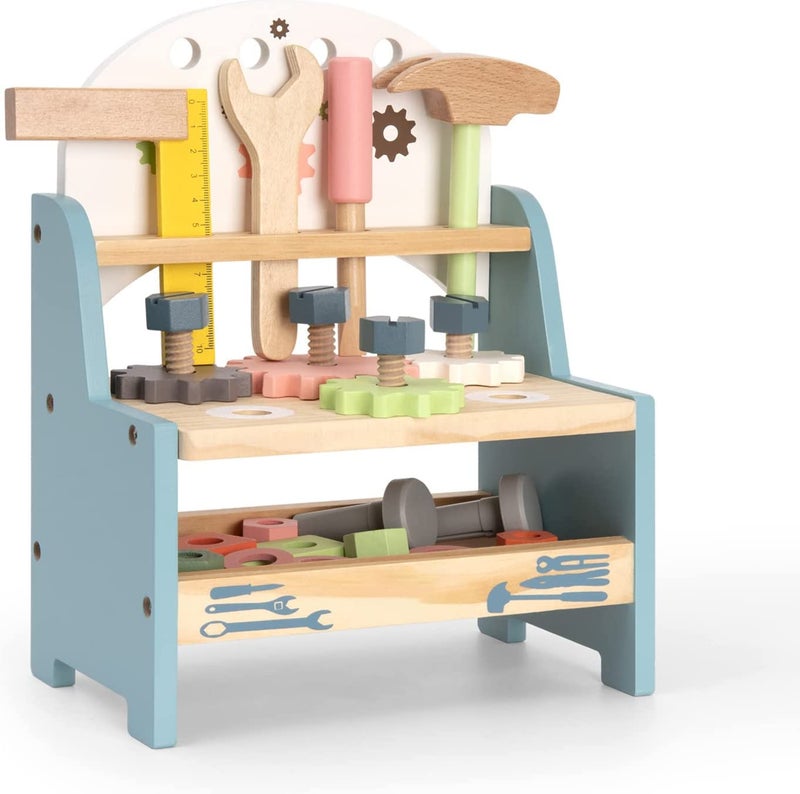 ROBOTIME Tool Bench Set for Toddlers - Mini Wooden Work Bench for Kids, Construction Toys w/Wooden Tools, Educational Pretend Play Gift Building Toy Tools Set for 18 Months 2 3 4 5 Boys Girls - Image 1