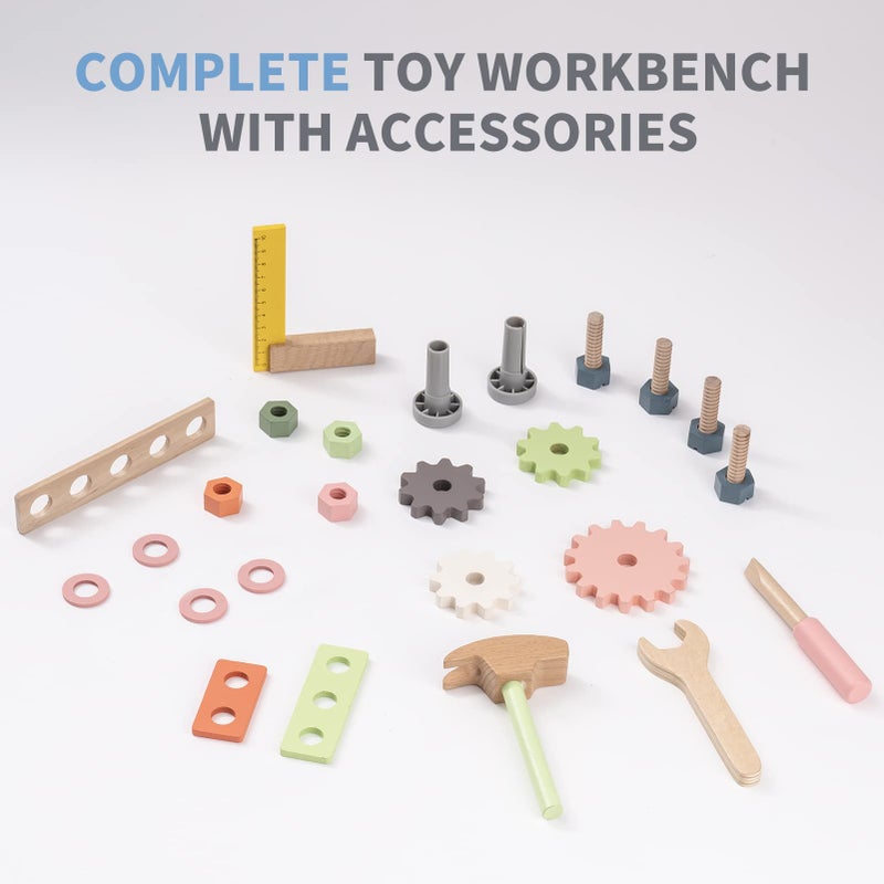 ROBOTIME Tool Bench Set for Toddlers - Mini Wooden Work Bench for Kids, Construction Toys w/Wooden Tools, Educational Pretend Play Gift Building Toy Tools Set for 18 Months 2 3 4 5 Boys Girls - Image 4