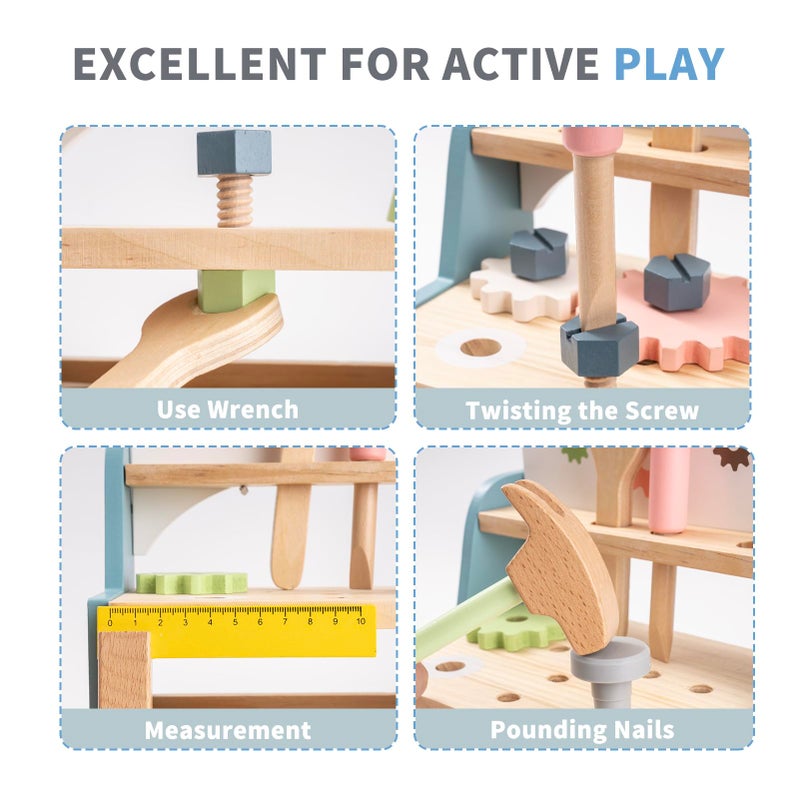 ROBOTIME Tool Bench Set for Toddlers - Mini Wooden Work Bench for Kids, Construction Toys w/Wooden Tools, Educational Pretend Play Gift Building Toy Tools Set for 18 Months 2 3 4 5 Boys Girls - Image 2