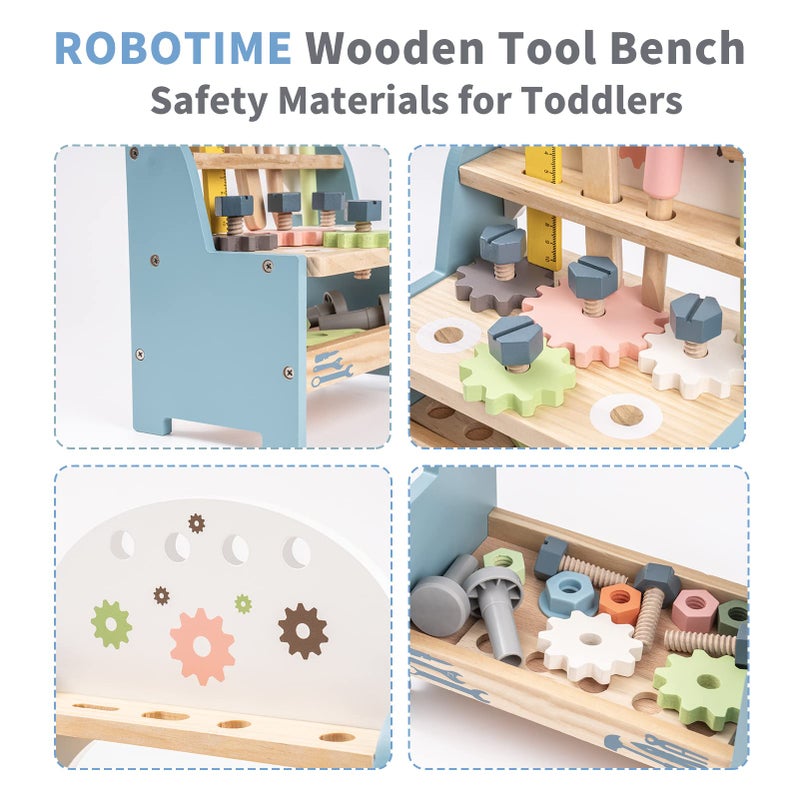 ROBOTIME Tool Bench Set for Toddlers - Mini Wooden Work Bench for Kids, Construction Toys w/Wooden Tools, Educational Pretend Play Gift Building Toy Tools Set for 18 Months 2 3 4 5 Boys Girls - Image 3