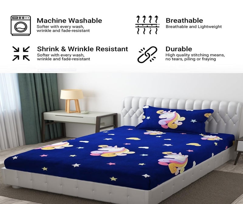 Innovative Edge Single Bed Elastic Fitted Cotton Bedsheet with 1 Pillow Cover - Blue & Multicolo|Soft & Breathable Cotton Fabric for Single Bed & Diwan Mattress|Single Size 48 x 72 Inch - Image 2