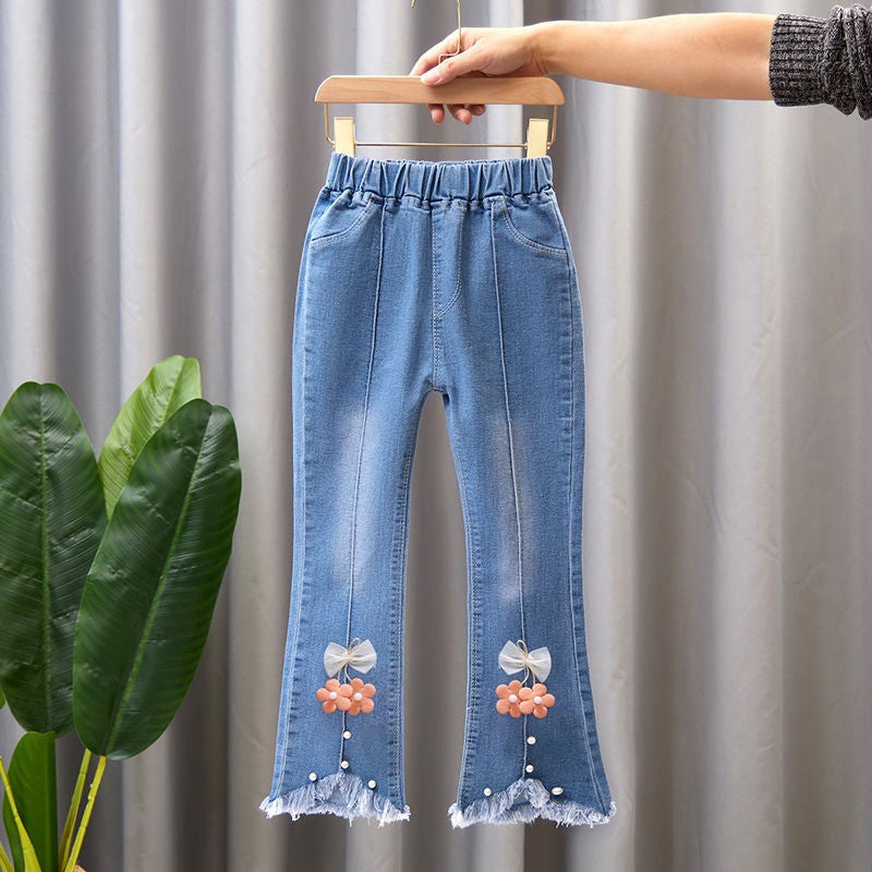 Children'S Clothing Girls' Jeans Spring & Fall Style Medium And Large Kidsren'S Korean Style Girls' Bell Bottoms Kidsren'S Pants Trendy - Image 1