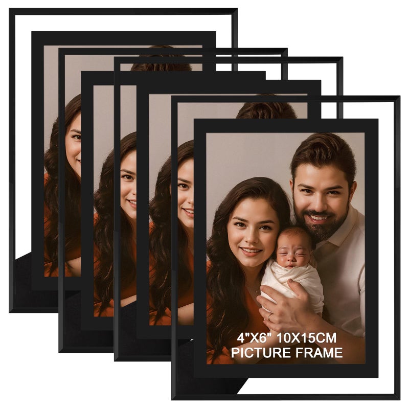 IZIDDO 4x6 Picture Frames Set of 4 Black Glass Photo Framefor Wall Mount or Tabletop Standing Gift Picture Frame Horizontally or Vertically 4x6 Black