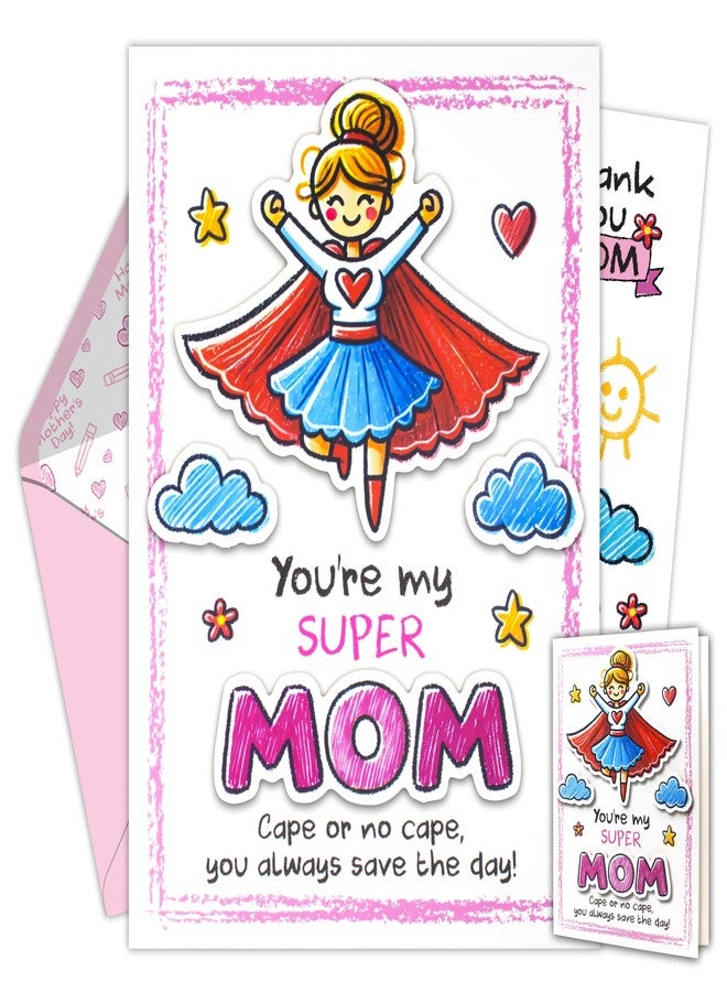 Decorably 5x7in Individual Mothers Day Card from Daughter & Son with Super Mom, Clouds & Mom Cutouts with Envelope and Stickers for Mommy, Printed Message - Appreciation, Birthday, Gifting & Mailing - Image 1