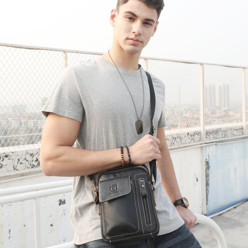 BULLCAPTAIN Men's Small Shoulder Bag, Genuine Leather Bag, Retro lightweight Cross Body Everyday Satchel Bag for Business Casual Sport Hiking Travel - Image 3